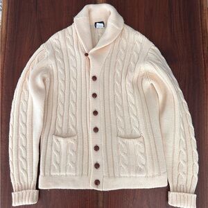 Lands End Vintage Cream Wool Cable Knit Cardigan Sweater Size Large